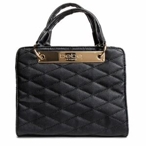 Bebe Quilted Top Handle Satchel Mini Handbag Black Gold Hardware Small Bag